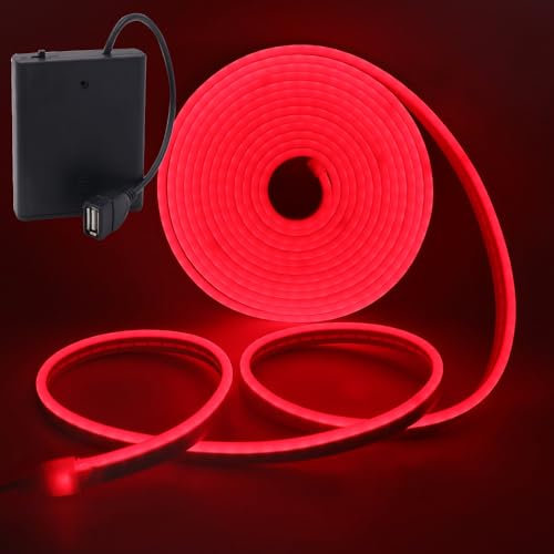 HEGEHE - Striscia neon LED flessibile impermeabile in silicone rosso tagliabile da 3m, alimentata a batteria/USB, SMD2835, 120 LED/m, design fai da te, decorazione di case e negozi