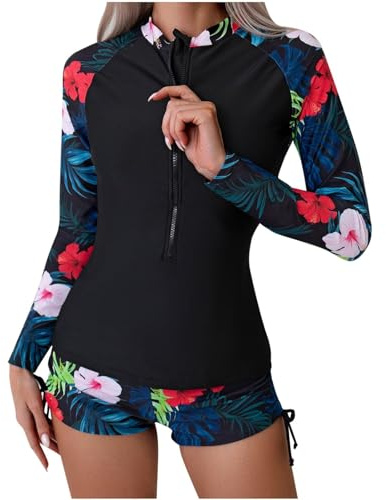 Generic Sale Clearance Trendy Women Two Piece Rash Guard Long Sleeve Swimwear Uv UPF 50+ Bathing Suit Tropical Print Swim Shirt with Boyshort Bottom Womens One Piece Swimsuit, Medium, Black#01