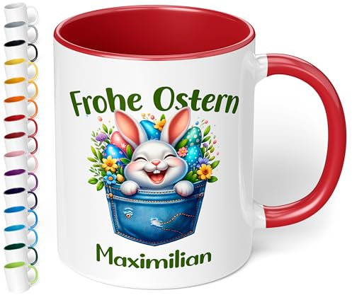 Tasse als Ostergeschenk personalisiert „Frohe Ostern“ Motiv: Osterhase Ostereier – 330ml Keramik Kaffeetasse mit Spruch – kleine Geschenke zu Ostern Easter gift (Rot)