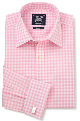 THE SAVILE ROW COMPANY LONDON Men's Classic Fit Cotton Poplin Formal Shirt - Double Cuff - Pink White Gingham Check - 19.5 Collar - Standard