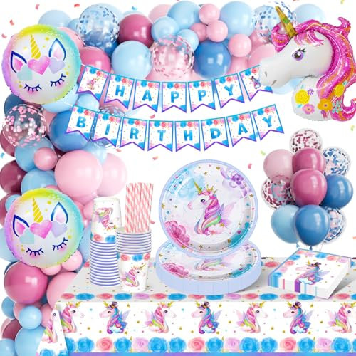 Einhorn Geburtstagsparty, 131 Pcs Set mit Einhorn Luftballons, Pappteller, Tassen, Servietten, Tischdecke für 16 Gäste