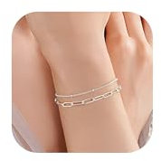 Macachii 925 Sterling Silver & 14K Gold Plated Chain Bracelet Set, Adjustable Paperclip Diamond-Cut Layered Bead, Silver, Gold & Copper Bracelets for Women, Ladies Bracelet Stack