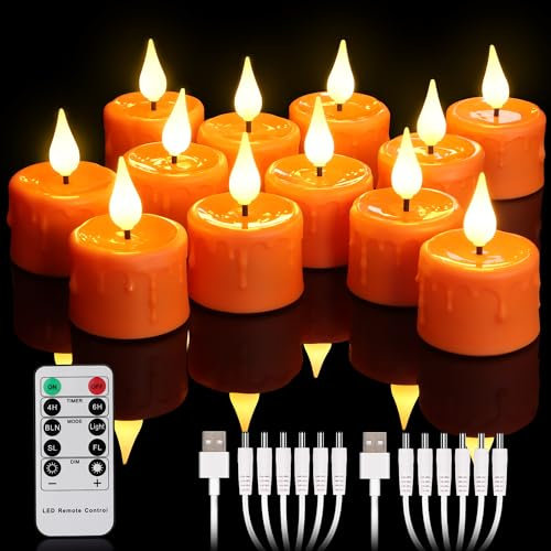 yunsheng 12 Orange Stück Wiederaufladbare Teelichter mit Fernbedienung und 4/6H Timer, Aufladbar Flammenlose Flackernde LED Kerzen mit 2 Stück USB-Kabel, 3D-Silikon Docht, Warmweißes für Hause Deko
