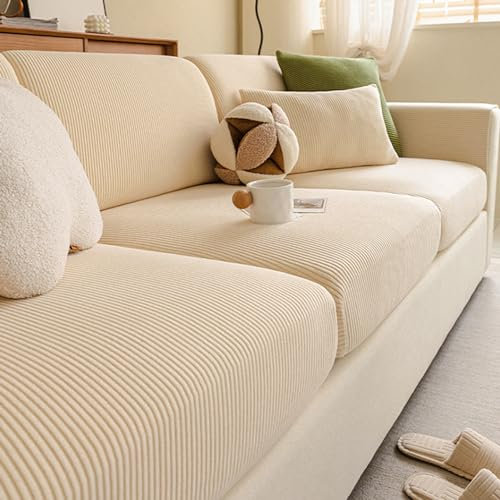 Gleedipre Flexibler Sofabezug Cord Sitzkissen Rückenlehne Schutzbezug Für alle Jahreszeiten Sofa-Spannbettlaken(Beige,65–85 cm x 165–200 cm)