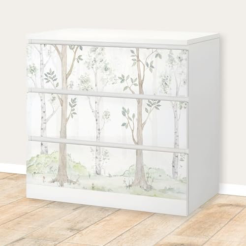 Unik Nordic Aufkleber Set Birkenwald Aquarell für MALM Kommode mit 80 cm Schrankbreite, 3 Schubladen-Folien, Sticker für Schrank, Möbelfolie fürs Kinderzimmer, Schrankfolie für Kinder