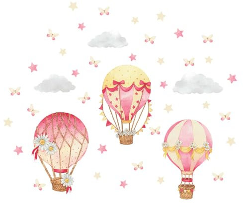 Winhappyhome Pink Hot Air Balloon Wall Art Sticker for Girl Room Nursery Decoration Stickers