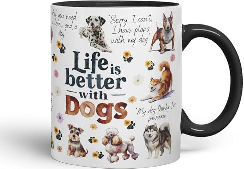 Vixar Life is Better with Dogs Joke Pets Ceramic Coloured Mug Cup for Tea Coffee Hot Brew 330ml 11Oz Gift (Black)