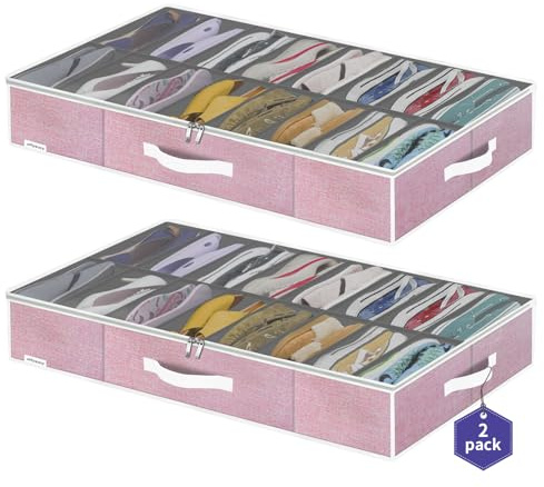 Onlyeasy Large Under Bed Shoe Organizer Container Box, Set of 2, Fit 16 to 32 Pairs of shoes, Underbed Shoes Closet Storage Solution, L37.7x W23.6x H5.9 inch, Cotton-like Pink, MXPUBS16P2