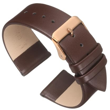 sourcing map Dark Brown Genuine Leather Band 12mm Width, Flat Thin Elegant Leather Watch Strap Rose Gold Buckle for Men and Women