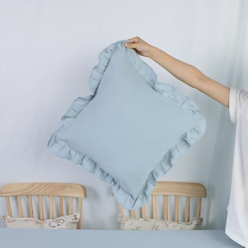 Kissenbezug mit Volant aus Baumwolle, für die Couch, Dekoration, weich, bequem, einfarbig, gerüschtes Sofa-Kissenbezug, Steinblau, 45 x 45 cm