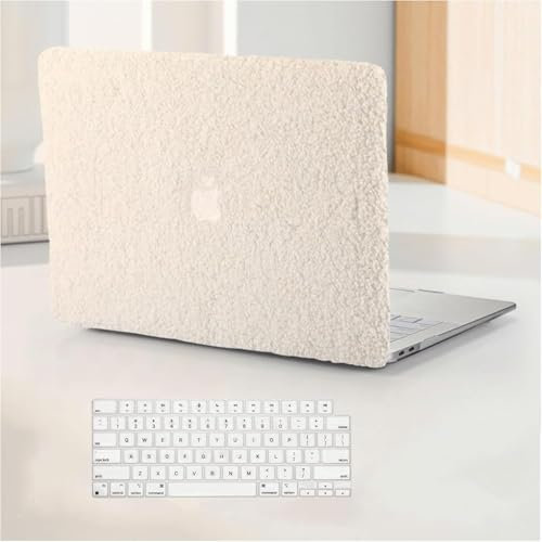 BYCeKe Compatible with MacBook Pro 14 inch Case 2024-2021 M4 M3 M2 M1 A3112 A3185 A3401 A2918 A2992 A2779 A2442,Fluffy Fuzzy Plush Faux Fur Cream Leather Hard Shell&Keyboard Cover for Mac Pro 14,Beige