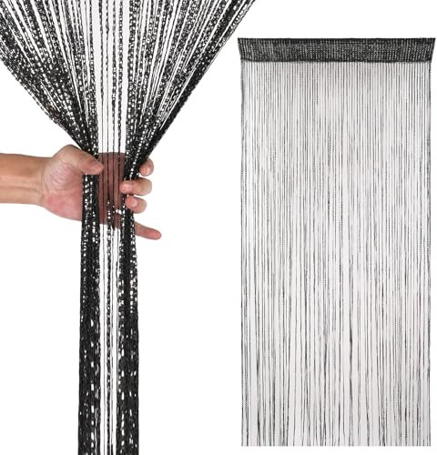 Trimming Shop Glitter String Curtains Polyester Fly Screen Room Divider Fringe Panel Spaghetti Tassel Curtain Decorative Divider for Doorway, Windows & Event Decoration, 200cm x 100cm, Black