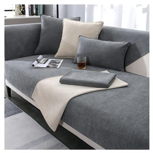CJJZFO Sofa Überzug Weiche Chenille Sofabezug: Hund Katze Sofaschoner Anti Rutsch Vintage Couch Überzug für U Form L Form Sektionssofa für 1 2 3 4 Sitzer Sofa (Grau, 110 * 240cm)