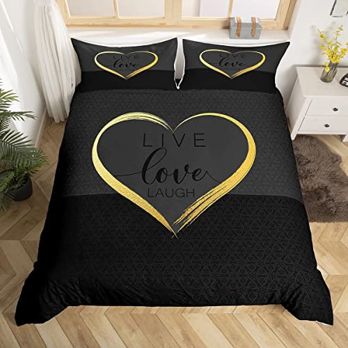 Homemissing Moderne 240x260cm Amour Parure de Lit Noir Or Coeur Lettres Imprimer Ensemble de Housse de Couette pour Garçons Couples Chambre Décor Housse de Couette Amoureux Simple