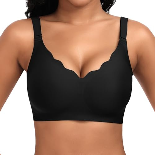 Cavotor Non Wired Support Bras for Women Wireless Push Up Bra Large Breasts Ladies Soft T Shirt Seamless Bra Padded V Neck Bralettes with Extender (Black,M)