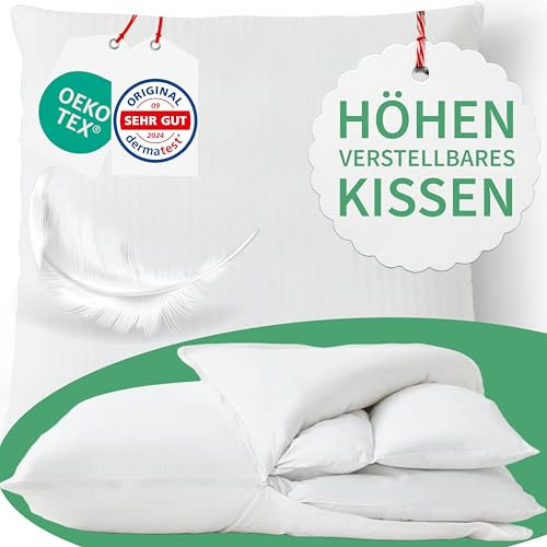 Welldora Premium Kopfkissen höhenverstellbar | 100% extraweiche Daunenfasern & Federn | Ergonomische Innovation: passt Sich an | Kissen fachärztl. geprüft, Oeko-Tex zert. in Deutschland (40 x 40 cm)