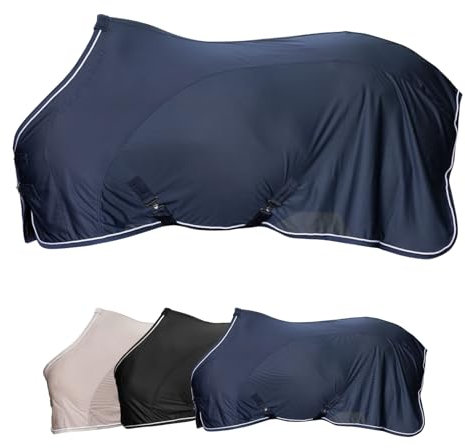 Covalliero - Fliegendecke – Pferdedecke zum Schutz vor Insekten – Decke mit abnehmbaren Kreuzgurten & Schweiflatz – atmungsaktive Weide-, Transport- & Stalldecke – Dark Navy – Größe 155cm