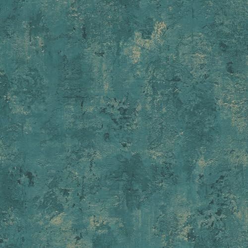 Plaster Look Wallpaper Wall Profhome 388235-GU hot Embossed Non-Woven Wallpaper Textured with tangible Texture and Metallic Highlights Turquoise Teal Gold 5.33 m2