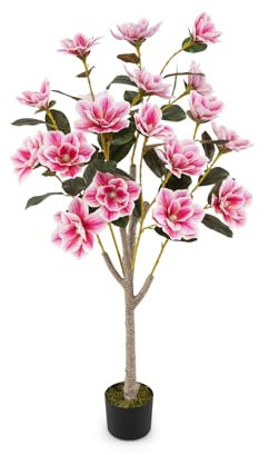 RELAX4LIFE Künstlicher Magnolienbaum, 130 cm Künstliche Blumenpflanze mit 18 Blüten & 42 Blättern, Kunstblumen Indoor Outdoor Pflanze Dekorationen für Zuhause, Büro, Hochzeit