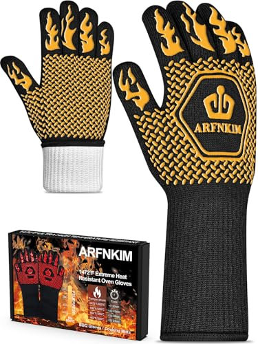 ARFNKIM BBQ Oven Gloves 1472℉ Heat Resistant Oven Mitts Silicone Non-Slip Cooking Gloves for Barbecue, Grilling, Baking, Welding, Smoker (A Pair) (Yellow)