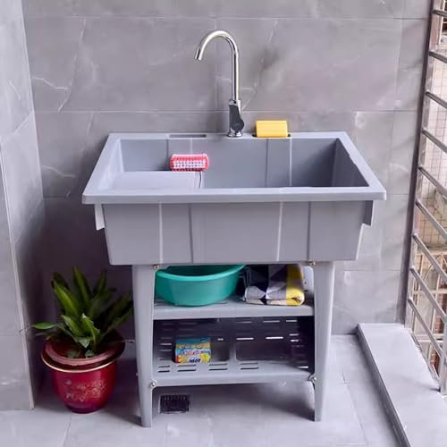 Fregadero de lavandería de plástico, Fregadero de Exterior Independiente con Tabla de Lavar, estación de Lavado de Manos portátil con Grifo de Agua fría y Caliente y dispensador de jabón
