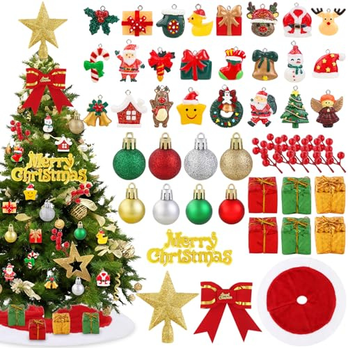 JOLCEEY 48 Stück Weihnachtsbaum Deko Anhänger, Farbenfrohes Mini Weihnachtsschmuck Mini Anhänger Weihnachten Deko Weihnachtsmann Rentier Deko für Heimpartys Feiertagsdekoration (ohne Weihnachtsbaum)