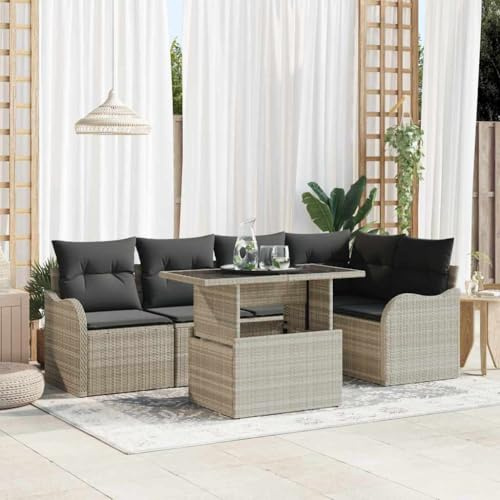 YuuSsea Essgruppe mit Kissen 6 pcs Hellgrau Poly Rattan, Modulares Gartenmöbel-Set für 6 Personen, Langlebiges Outdoor-Sitzmöbel mit Tisch, Terrassenmöbel
