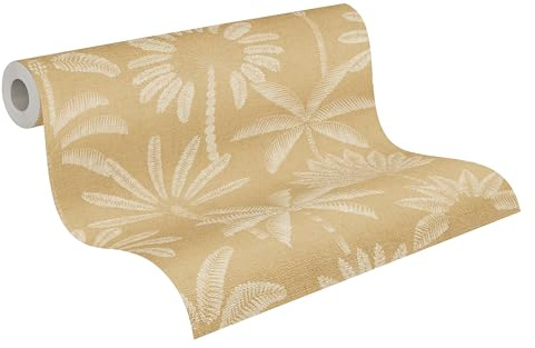 A.S. Création Palmenblatt-Vliestapete – Beige, Creme – 10,05 x 0,53 m | Florales Palmenblatt-Motivals Akzent – schimmernde Motivtapete im Metallic-Look, einfach zu verkleben & spurlos abziehbar
