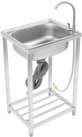 Lavello in Acciaio Inox Autoportante 50 x 40 x 82 cm Lavello e Set di Scarico –rubinetto, Lavello 1 Vasca lavandino da cucina indipendente per Cucina, Ristorazione, Giardino e Esterni