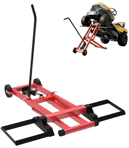 Aufun Dispositif de levage pour tracteur de tonte avec vérin hydraulique, hauteur réglable en 3 positions, capacité de charge de 227 kg, cadre en acier, roues en PVC 12 cm, dispositif de levage pour