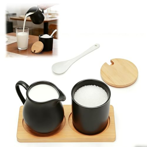 LENWISYF Set per Latte e Zucchero, Zuccheriera con Cucchiaino e Coperchio Lattiera in Ceramica Zuccheriera con Vassoio in Legno Adatto al Microonde e alla Lavastoviglie