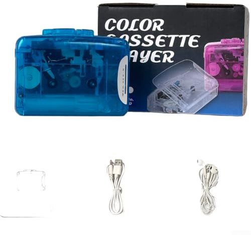 Tragbarer Kassettenspieler mit FM-Radio, Retro-Tape-Recorder mit USB-Ladefunktion und 2 AA-Batterien, transparent, für Walkman-Stereo-Kopfhörer im Lieferumfang enthalten (blau)