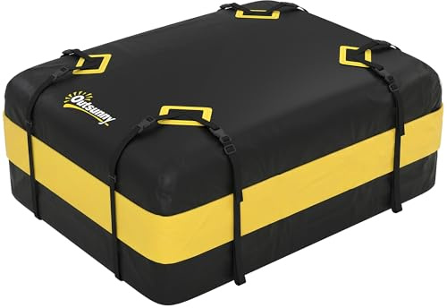 Outsunny Dachbox Auto 425L Wasserdicht 8 Verstärkte Gurte Türhaken Gelb | Dachgepäckträger Tasche, für alle Fahrzeugdächer mit/ohne Gepäckträger, Gepäckbox, Rutsch-Matte