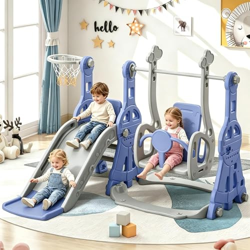 Toboggan pour Enfant 4 en 1, Toboggan pour Bébé avec Panier de Basket, Fauteuil à Bascule, Balançoire, Toboggan Intérieur et Extérieur Enfant Toboggan pour Tout-Petits (Bleu, 140x118x82)