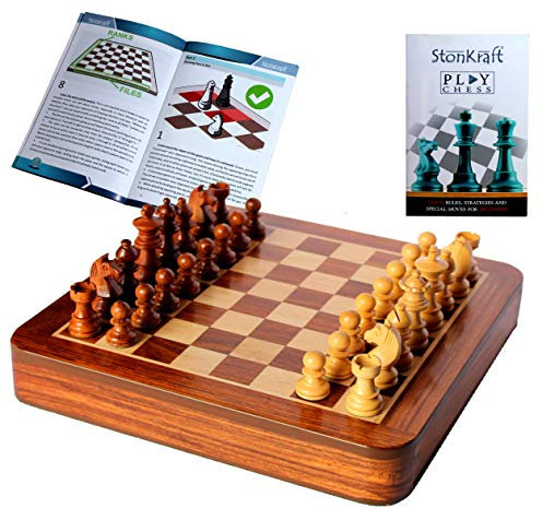 StonKraft Jeu d'échecs en bois + pièces d'échecs magnétiques en bois (30,5 cm plat avec tiroir)
