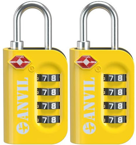 ANVIL TSA Approved Luggage Lock - 4 Digit Combination, 10,000 Combinations, Easy-Read Password Window, Travel Lock for Suitcases, Backpacks, Gym & Student Lockers, Baggage(Yellow 2 Pack)