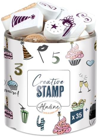 Aladine - 35 Stempel zum Geburtstag mit schwarzem Stempelkissen – zum Personalisieren von Karten & Einladungen zum Geburtstag, Geschenkpaquest, kreative Hobbys – schwarzes Stempelkissen inklusive