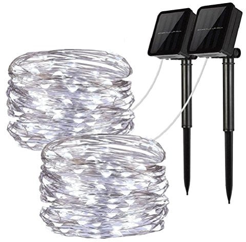 Solar String Lights, 2 Pack 100 LED Solar Fairy Lights 33 ft 8 Modes Copper Wire Lights Waterproof Outdoor String Lights for Garden Patio Gate Yard Party Wedding Indoor Bedroom (Cool White)