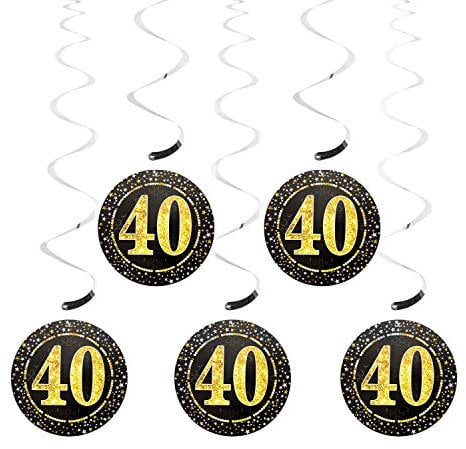 Oblique Unique® 5 Deckenhänger Wirbel Spiral Girlanden mit Zahl 40 Rund Deko für Geburtstag Jubiläum Party Feier UVM. Silber Schwarz Gold
