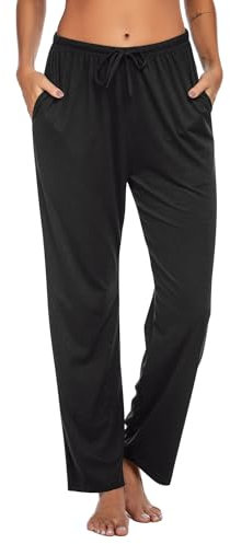 Ekouaer Damen Pyjamahose Lang Schlafanzughose Schlafhose für Frauen Freizeithose mit Taschen und Kordelzug Schlafanzughosenn Strandhose Schwarz M