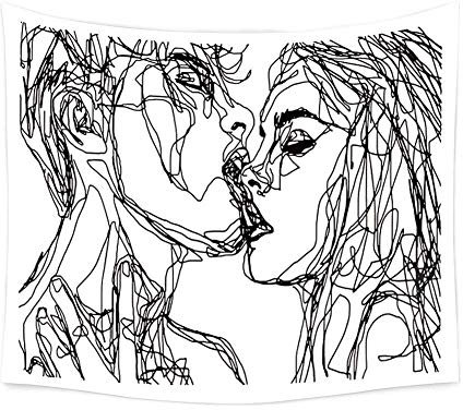 Ruibo Wandteppich für Damen und Herren, abstrakte Skizze Kunst Kiss Lovers Tapisserie/Küssen Tapisserie Wandbehang Schwarz und Weiß Line Art Tapisserie Strand Überwurf (RB-K-2) (B:200,7 cm H:149,9 cm)