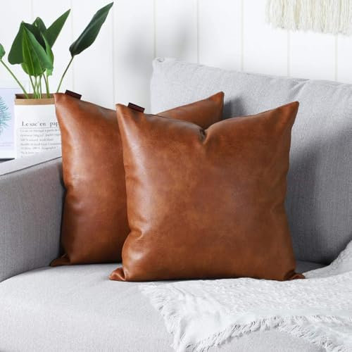 Mandioo 2er Set aus Kunstleder Kissenbezug Dekorativen Quadratisch Überwurf Kissenbezüge Kissen für Sofa Schlafzimmer 20x20, 50 x 50 cm,Braun