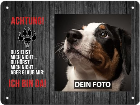 Blechschild PERSONALISIERT mit EIGENEM Hundefoto und Spruch - Achtung! Ich bin da - Geschenkidee für Hundebesitzer/Türschild/Hundeschild - Querformat DIN A5