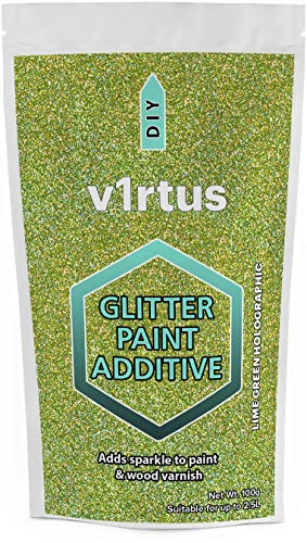 v1rtus Glitter Paint Additive - Lime Green Holographic | Metallic Flakes for Adding Sparkle to Paints & Wood Varnish | Add to Emulsion, Acrylic & Latex for Indoor Sparkly Walls | 100 g