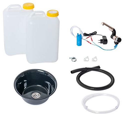 Wasseranlage Imbisswagen Verkaufsanhänger Campingküche 230v Bausatz Spüle schwarz 24cm (240mm) rund + Wasserhahn Barwig Chrom Wasserkanister 19Liter (ad-ideen)