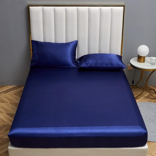 Boqingzhu Satin Spannbettlaken 180x200cm Blau Uni Seide Spannbetttuch Microfaser Bettlaken für bis 30cm Matraze