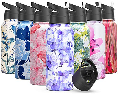 Edelstahl-Sport-Wasserflasche - THILY Vakuum isolierte 945 ml auslaufsichere Weithals-Wasserflasche mit 2 Deckeln und Strohhalmen, hält 12 Stunden heiß 36 Stunden kalt, BPA-frei, Iridaceae