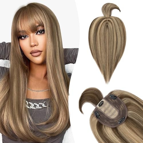 Silk-co Hair Topper Echthaar mit langem Pony, Toupet Damen 10x12cm Basis, Haartopper Echthaar mit Remy Seide Basis, Haar Topper Clip in Haarteil Extensions, 30cm4P27# Mittelbraun & Dunkelblond