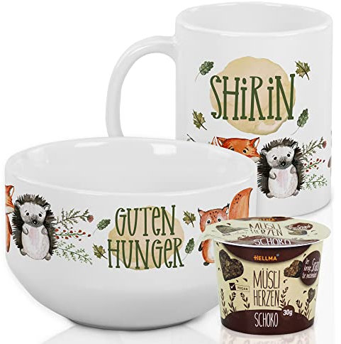 GRAZDesign Frühstücksset Kinder personalisiert mit Namen – Waldtiere Müslischale mit Tasse aus Keramik - 3-teiliges Geschirrset - Geschenkset für Jungen und Mädchen, spülmaschinengeeignet