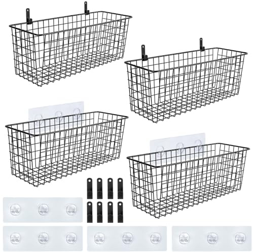 4 Set [EXTRA LARGE] Hanging Wall Mount Storage Baskets with Adhesive Hooks & Steel Hooks, Multiuse Sturdy Wire Metal Organizing Baskets for Home Kitchen Bathroom Pantry Utility Organizer, Black